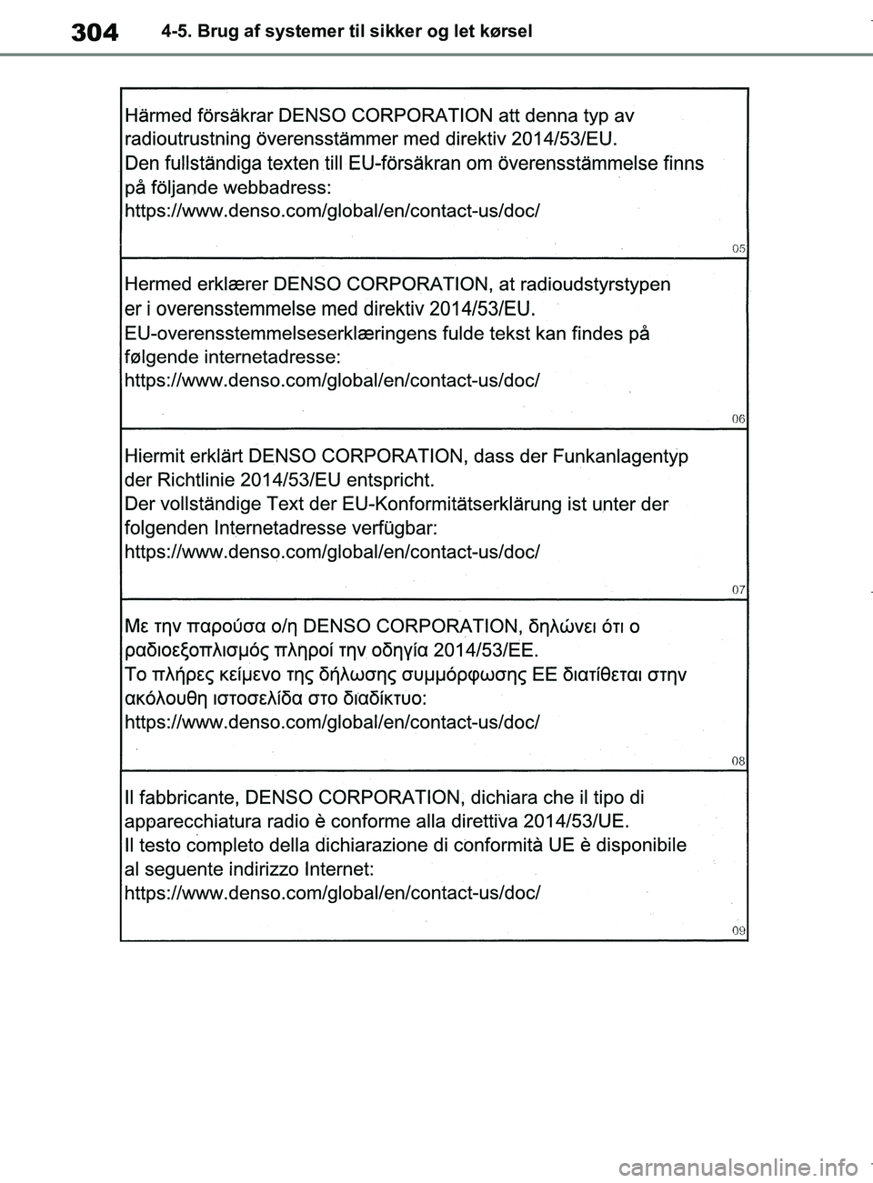 TOYOTA COROLLA HATCHBACK 2019  Brugsanvisning (in Danish) 304
COROLLA_TMUK_EE4-5. Brug af systemer til sikker og let kørsel
OM12L25DK.book  Page 304  Wednesday, April 10, 2019  9:44 AM 