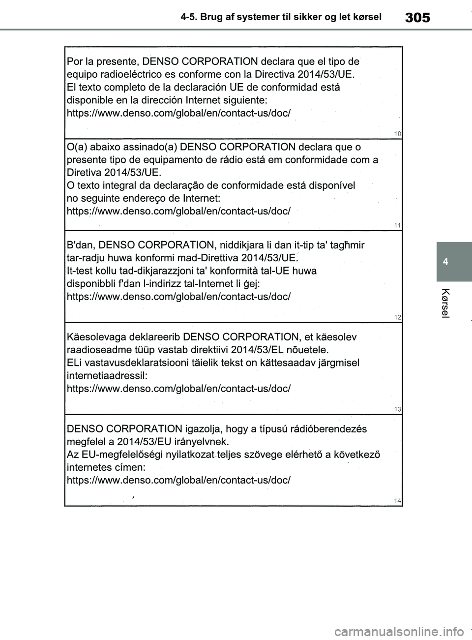 TOYOTA COROLLA HATCHBACK 2019  Brugsanvisning (in Danish) 305
4
COROLLA_TMUK_EE 4-5. Brug af systemer til sikker og let kørsel
Kørsel
OM12L25DK.book  Page 305  Wednesday, April 10, 2019  9:44 AM 