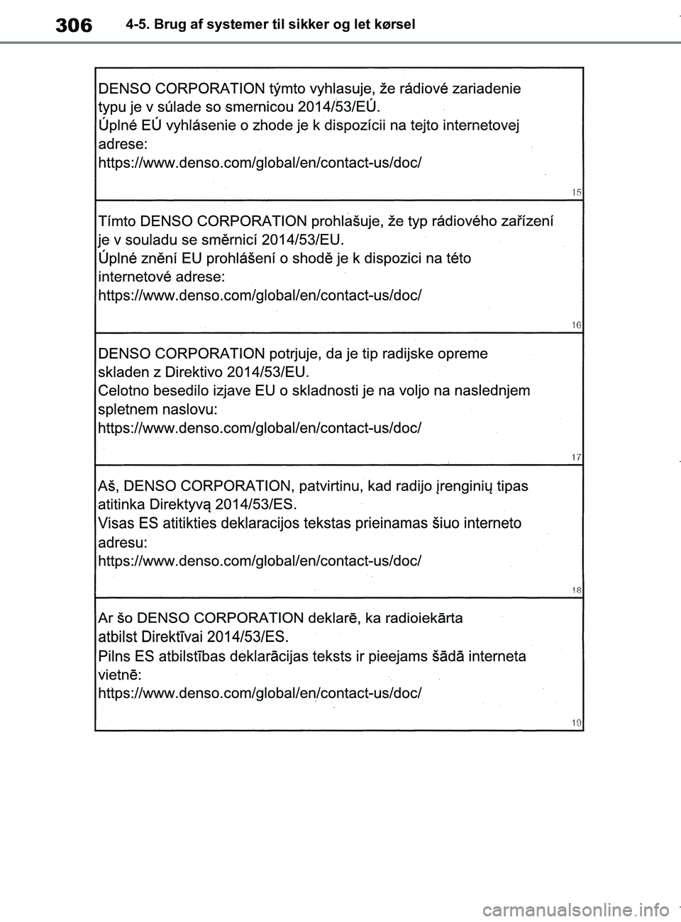 TOYOTA COROLLA HATCHBACK 2019  Brugsanvisning (in Danish) 306
COROLLA_TMUK_EE4-5. Brug af systemer til sikker og let kørsel
OM12L25DK.book  Page 306  Wednesday, April 10, 2019  9:44 AM 