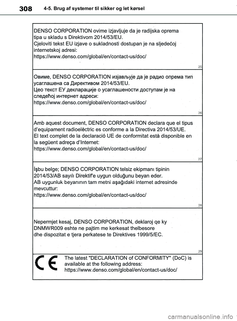 TOYOTA COROLLA HATCHBACK 2019  Brugsanvisning (in Danish) 308
COROLLA_TMUK_EE4-5. Brug af systemer til sikker og let kørsel
OM12L25DK.book  Page 308  Wednesday, April 10, 2019  9:44 AM 