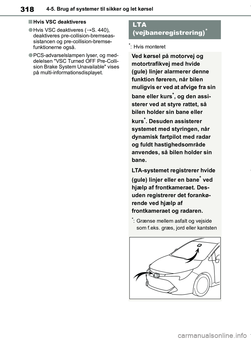TOYOTA COROLLA HATCHBACK 2019  Brugsanvisning (in Danish) 318
COROLLA_TMUK_EE4-5. Brug af systemer til sikker og let kørsel
nHvis VSC deaktiveres
lHvis VSC deaktiveres (S. 440), 
deaktiveres pre-collision-bremseas-
sistancen og pre-collision-bremse-
funk