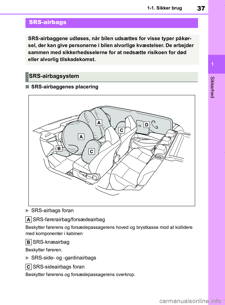 TOYOTA COROLLA HATCHBACK 2019  Brugsanvisning (in Danish) 37
1
COROLLA_TMUK_EE 1-1. Sikker brug
Sikkerhed
nSRS-airbaggenes placering
SRS-airbags foran
SRS-førerairbag/forsædeairbag
Beskytter førerens og forsædepassagerens hoved og brystkasse mod at ko