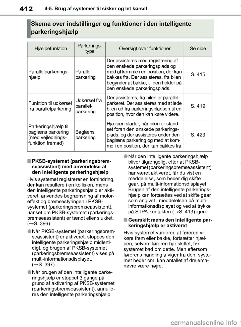 TOYOTA COROLLA HATCHBACK 2019  Brugsanvisning (in Danish) 412
COROLLA_TMUK_EE4-5. Brug af systemer til sikker og let kørsel
nPKSB-systemet (p
arkeringsbrem-
seassistent) med anvendelse af 
den intelligente parkeringshjælp
Hvis systemet registre rer en forh