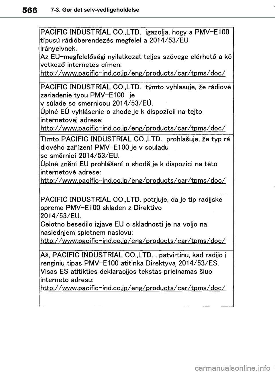 TOYOTA COROLLA HATCHBACK 2019  Brugsanvisning (in Danish) 566
COROLLA_TMUK_EE7-3. Gør det selv-vedligeholdelse
OM12L25DK.book  Page 566  Wednesday, April 10, 2019  9:44 AM 