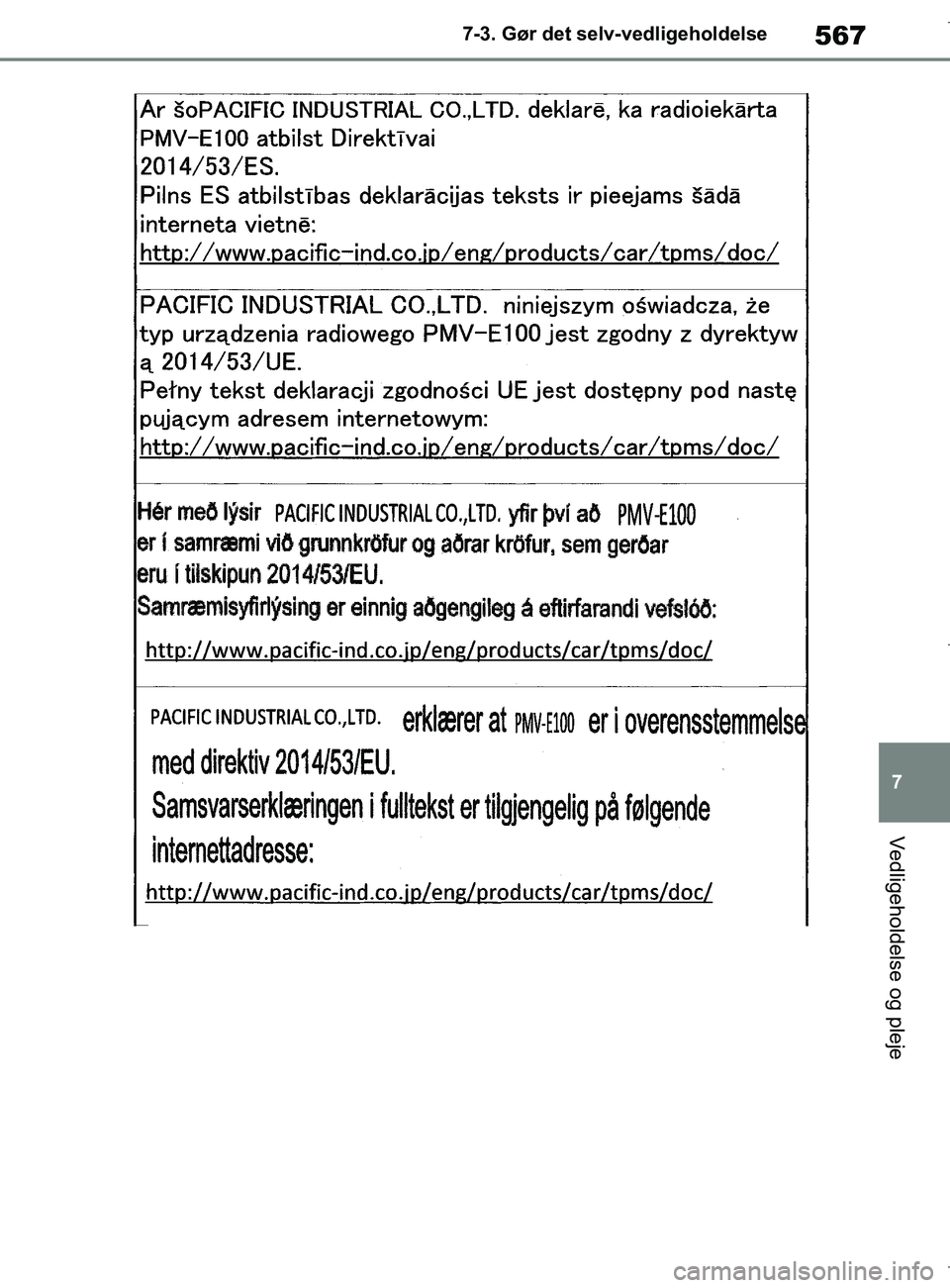 TOYOTA COROLLA HATCHBACK 2019  Brugsanvisning (in Danish) 567
7
COROLLA_TMUK_EE 7-3. Gør det selv-vedligeholdelse
Vedligeholdelse og pleje
OM12L25DK.book  Page 567  Wednesday, April 10, 2019  9:44 AM 