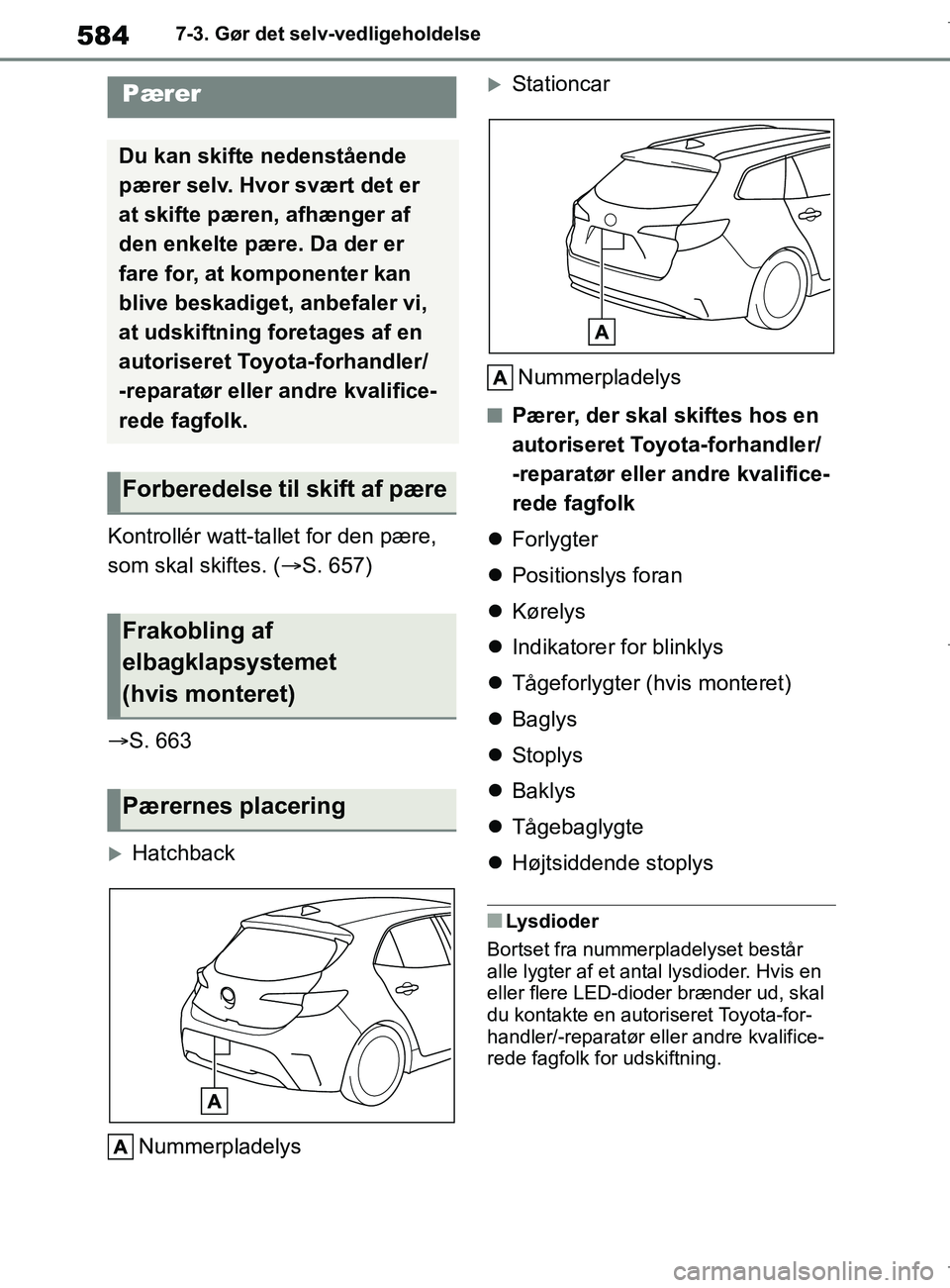 TOYOTA COROLLA HATCHBACK 2019  Brugsanvisning (in Danish) 584
COROLLA_TMUK_EE7-3. Gør det selv-vedligeholdelse
Kontrollér watt-tallet for den pære, 
som skal skiftes. (
S. 657)
 S. 663
Hatchback
Nummerpladelys
Stationcar
Nummerpladelys
nPærer
