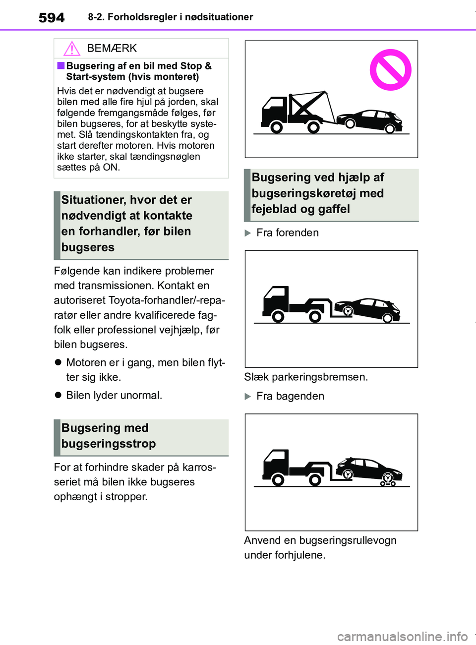 TOYOTA COROLLA HATCHBACK 2019  Brugsanvisning (in Danish) 594
COROLLA_TMUK_EE8-2. Forholdsregler i nødsituationer
Følgende kan indikere problemer 
med transmissionen. Kontakt en 
autoriseret Toyota-forhandler/-repa-
ratør eller andre kvalificerede fag-
fo