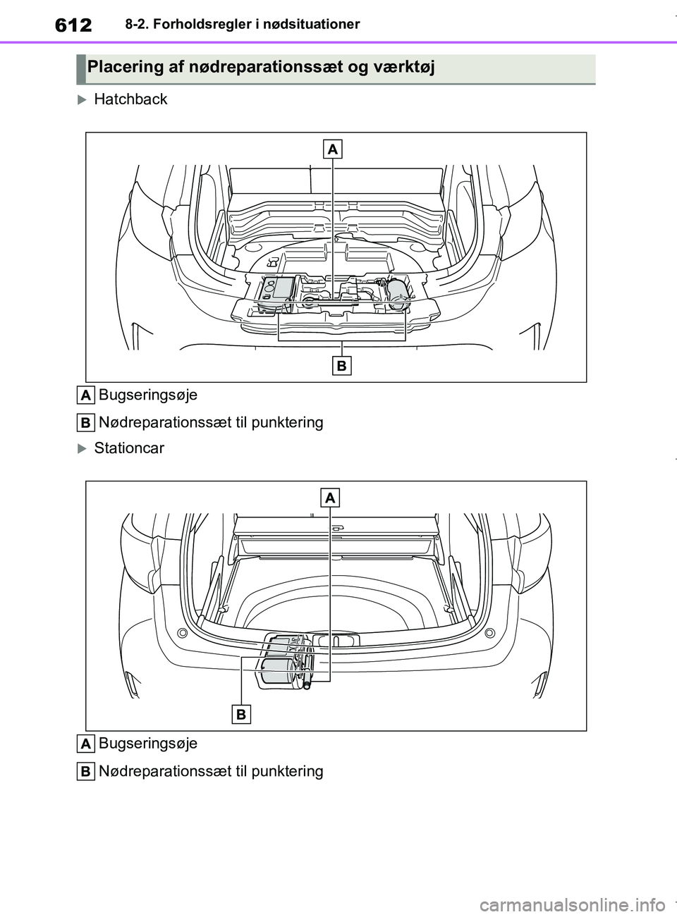 TOYOTA COROLLA HATCHBACK 2019  Brugsanvisning (in Danish) 612
COROLLA_TMUK_EE8-2. Forholdsregler i nødsituationer
Hatchback
Bugseringsøje
Nødreparationssæt til punktering
StationcarBugseringsøje
Nødreparationssæt til punktering
Placering af nød