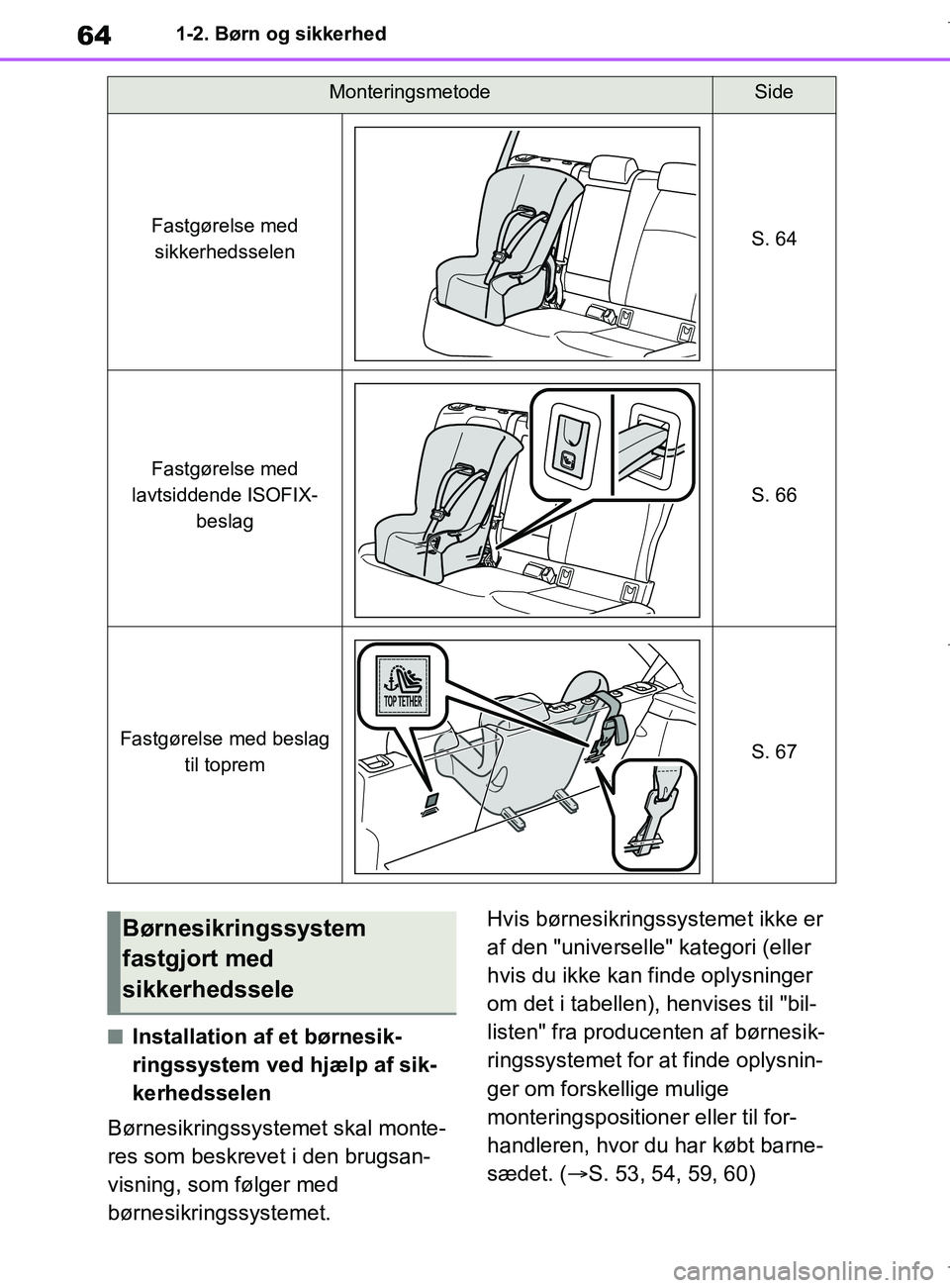 TOYOTA COROLLA HATCHBACK 2019  Brugsanvisning (in Danish) 64
COROLLA_TMUK_EE1-2. Børn og sikkerhed
nInstallation af et børnesik-
ringssystem ved hjælp af sik-
kerhedsselen
Børnesikringssystemet skal monte-
res som beskrevet i den brugsan-
visning, som f
