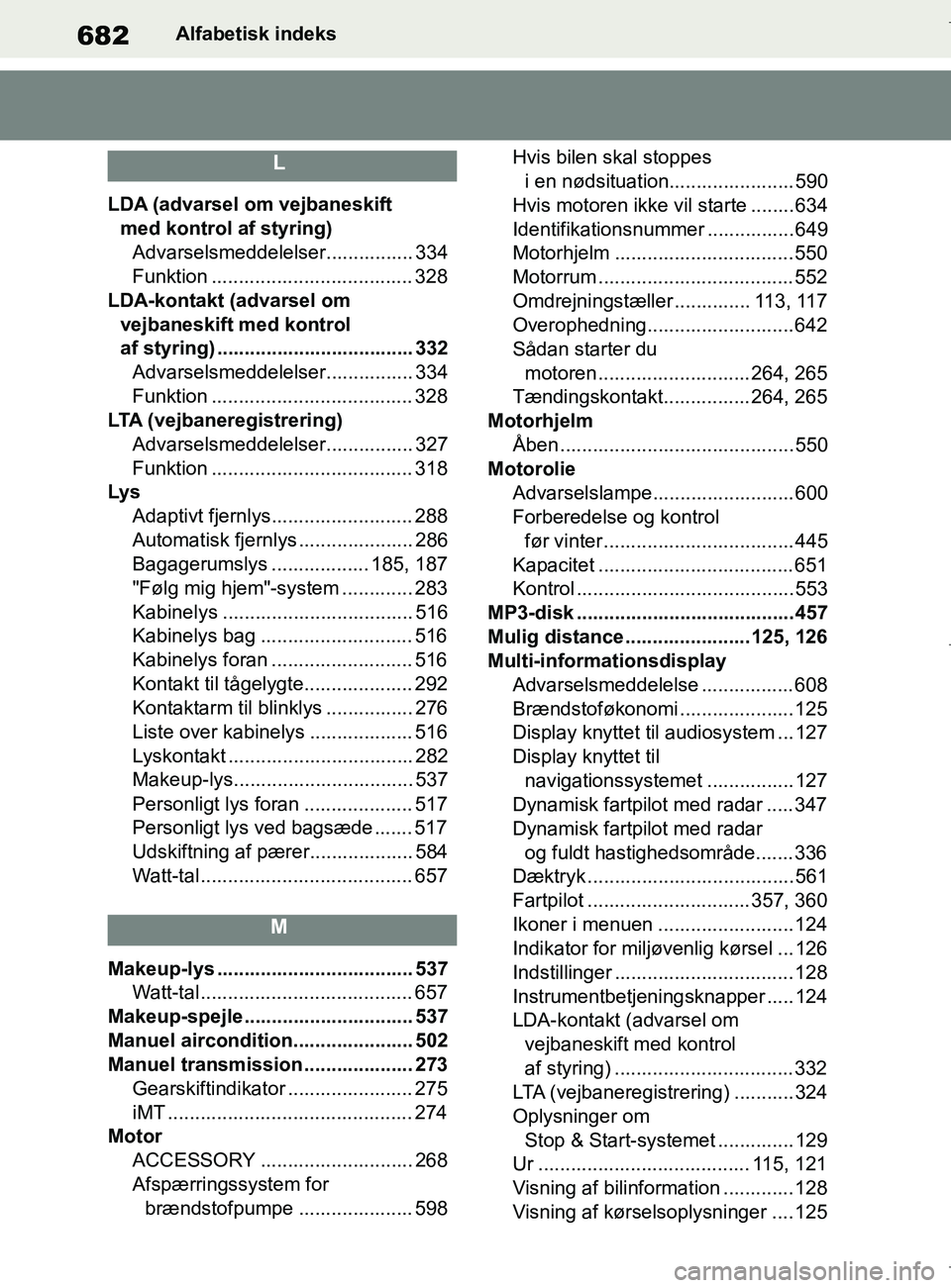 TOYOTA COROLLA HATCHBACK 2019  Brugsanvisning (in Danish) 682
COROLLA_TMUK_EEAlfabetisk indeks
L
LDA (advarsel om vejbaneskift 
med kontrol af styring)
Advarselsmeddelelser................ 334
Funktion ..................................... 328
LDA-kontakt (a