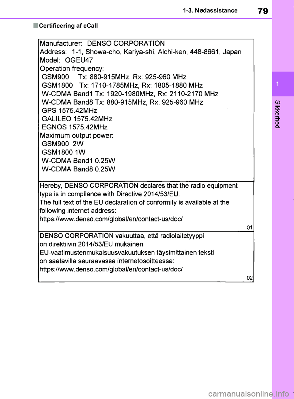 TOYOTA COROLLA HATCHBACK 2019  Brugsanvisning (in Danish) 79
1
COROLLA_TMUK_EE 1-3. Nødassistance
Sikkerhed
nCertificering af eCall
OM12L25DK.book  Page 79  Wednesday, April 10, 2019  9:44 AM 