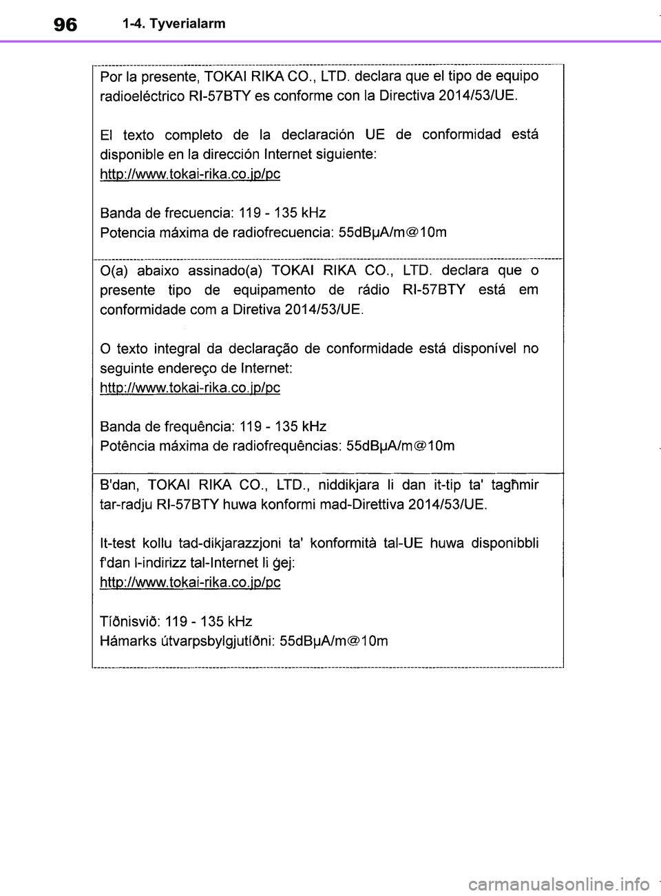 TOYOTA COROLLA HATCHBACK 2019  Brugsanvisning (in Danish) 96
COROLLA_TMUK_EE1-4. Tyverialarm
OM12L25DK.book  Page 96  Wednesday, April 10, 2019  9:44 AM 