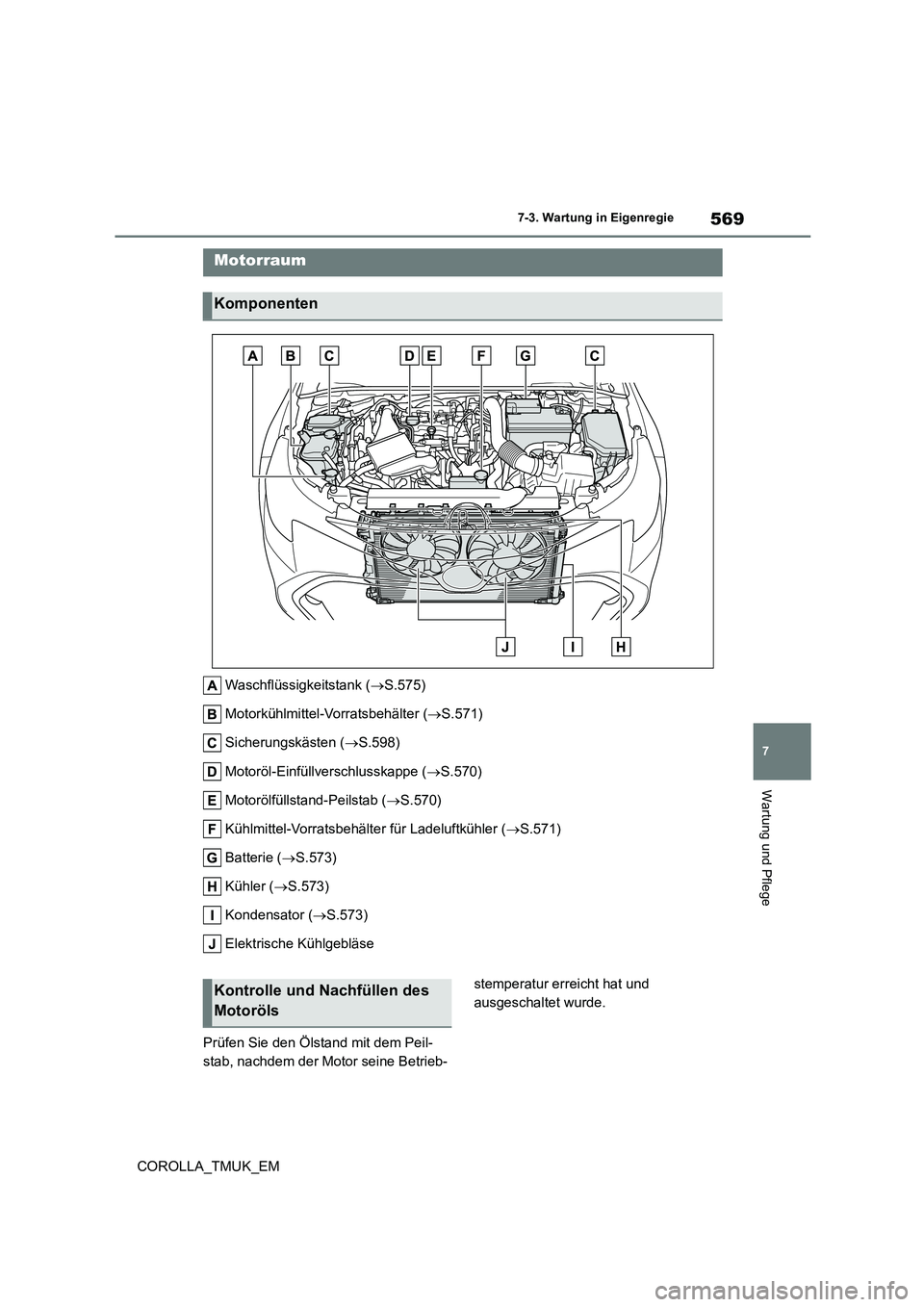TOYOTA COROLLA HATCHBACK 2019  Betriebsanleitungen (in German) 569
7
COROLLA_TMUK_EM
7-3. Wartung in Eigenregie
Wartung und Pflege
Waschflüssigkeitstank (S.575) 
Motorkühlmittel-Vorratsbehälter ( S.571) 
Sicherungskästen ( S.598) 
Motoröl-Einfüllve
