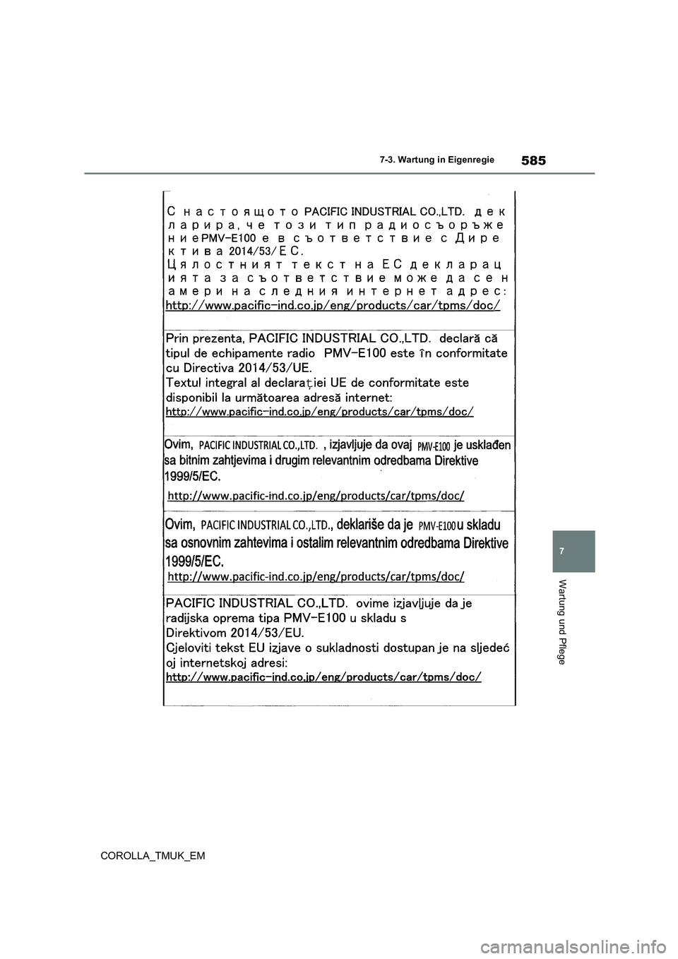 TOYOTA COROLLA HATCHBACK 2019  Betriebsanleitungen (in German) 585
7
COROLLA_TMUK_EM
7-3. Wartung in Eigenregie
Wartung und Pflege 