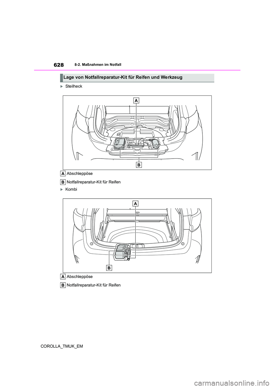 TOYOTA COROLLA HATCHBACK 2019  Betriebsanleitungen (in German) 628
COROLLA_TMUK_EM
8-2. Maßnahmen im Notfall
Steilheck 
Abschleppöse 
Notfallreparatur-Kit für Reifen
Kombi 
Abschleppöse 
Notfallreparatur-Kit für Reifen
Lage von Notfallreparatur-Kit fü