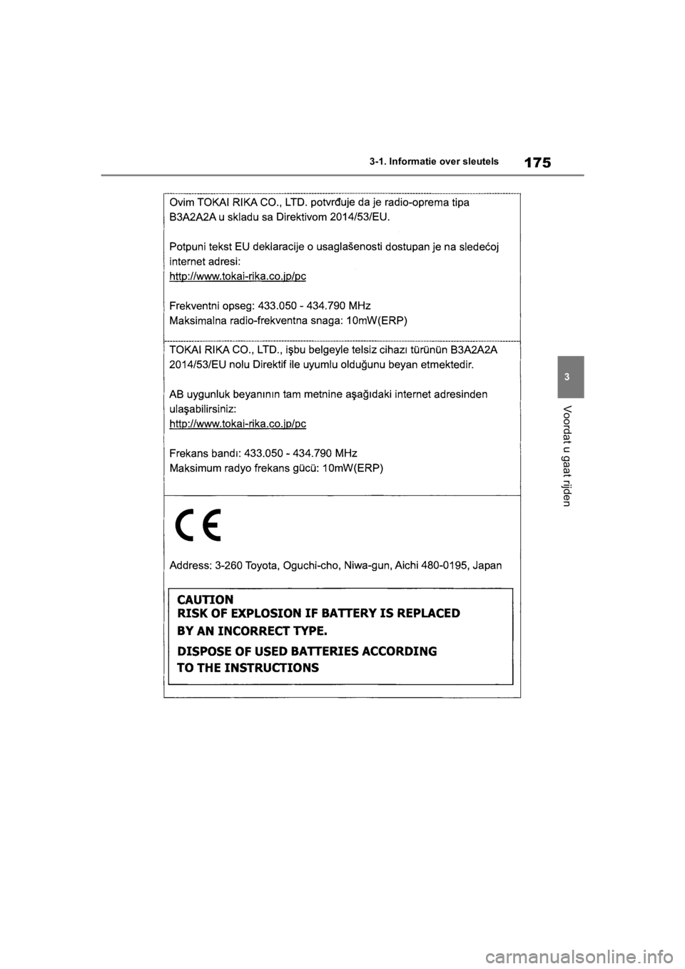TOYOTA COROLLA HATCHBACK 2019  Instructieboekje (in Dutch) 175
3
COROLLA_TMUK_EE 3-1. Informatie
 over sleutels
Voordat u gaat rijden
COROLLA(TMUK)_OM_Europe_OM12L 25E.book  Page 175  Thursday, November 8, 2018  10:31 AM 