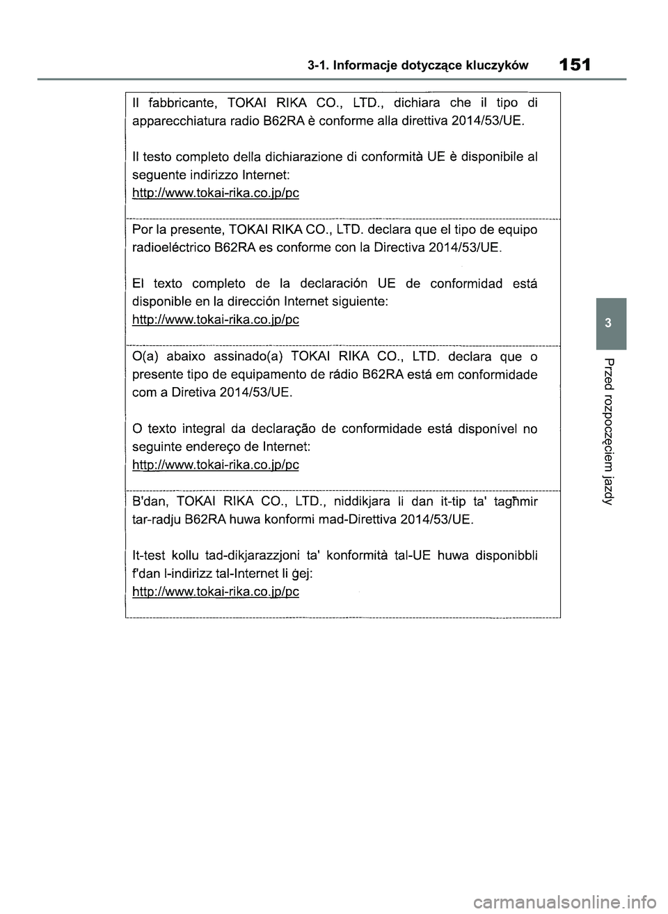 TOYOTA COROLLA HATCHBACK 2019  Instrukcja obsługi (in Polish) Przed rozpocz´ciem jazdy
3-1. Informacje dotyczàce kluczyków151
3
55 Corolla Wagon OM12L25E  28/1/19  16:16  Page 151 