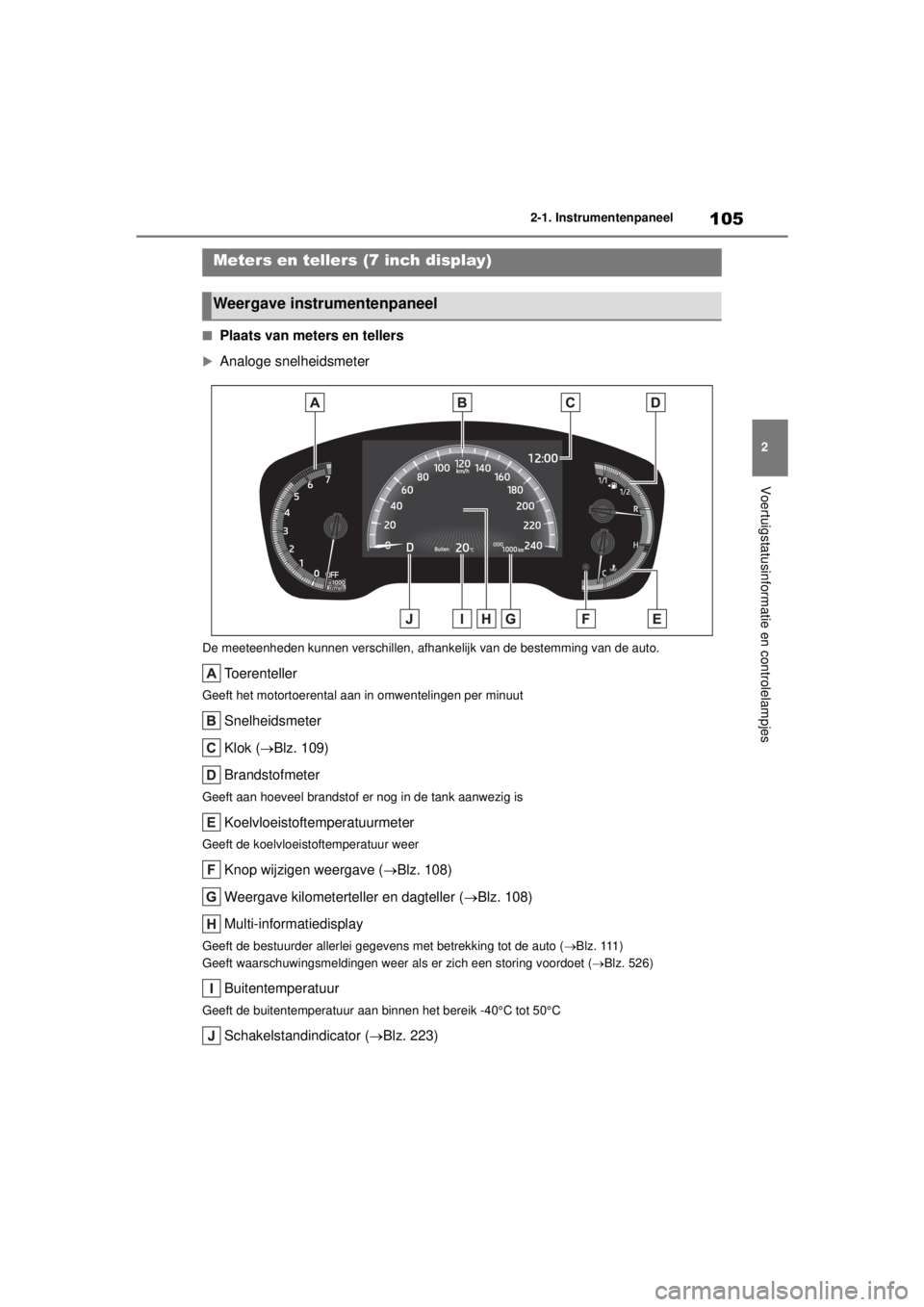 TOYOTA COROLLA HYBRID 2021  Instructieboekje (in Dutch) 105
2
2-1. Instrumentenpaneel
Voertuigstatusinformatie en controlelampjes
COROLLA HV_TMMT_EE
■Plaats van meters en tellers
Analoge snelheidsmeter
De meeteenheden kunnen verschillen, afhank
elijk 