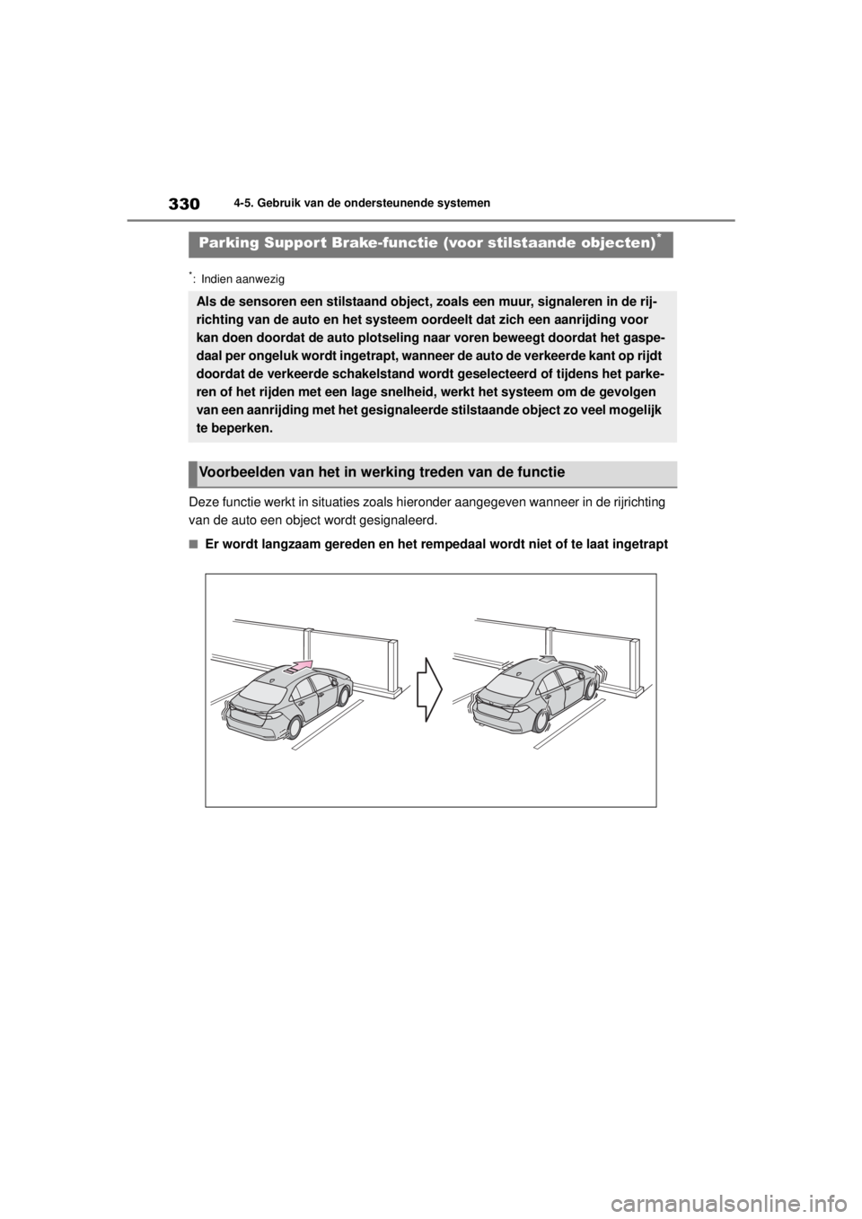 TOYOTA COROLLA HYBRID 2021  Instructieboekje (in Dutch) 3304-5. Gebruik van de ondersteunende systemen
COROLLA HV_TMMT_EE
*: Indien aanwezig
Deze functie werkt in situaties zoals hi eronder aangegeven wanneer in de rijrichting 
van de auto een object wordt