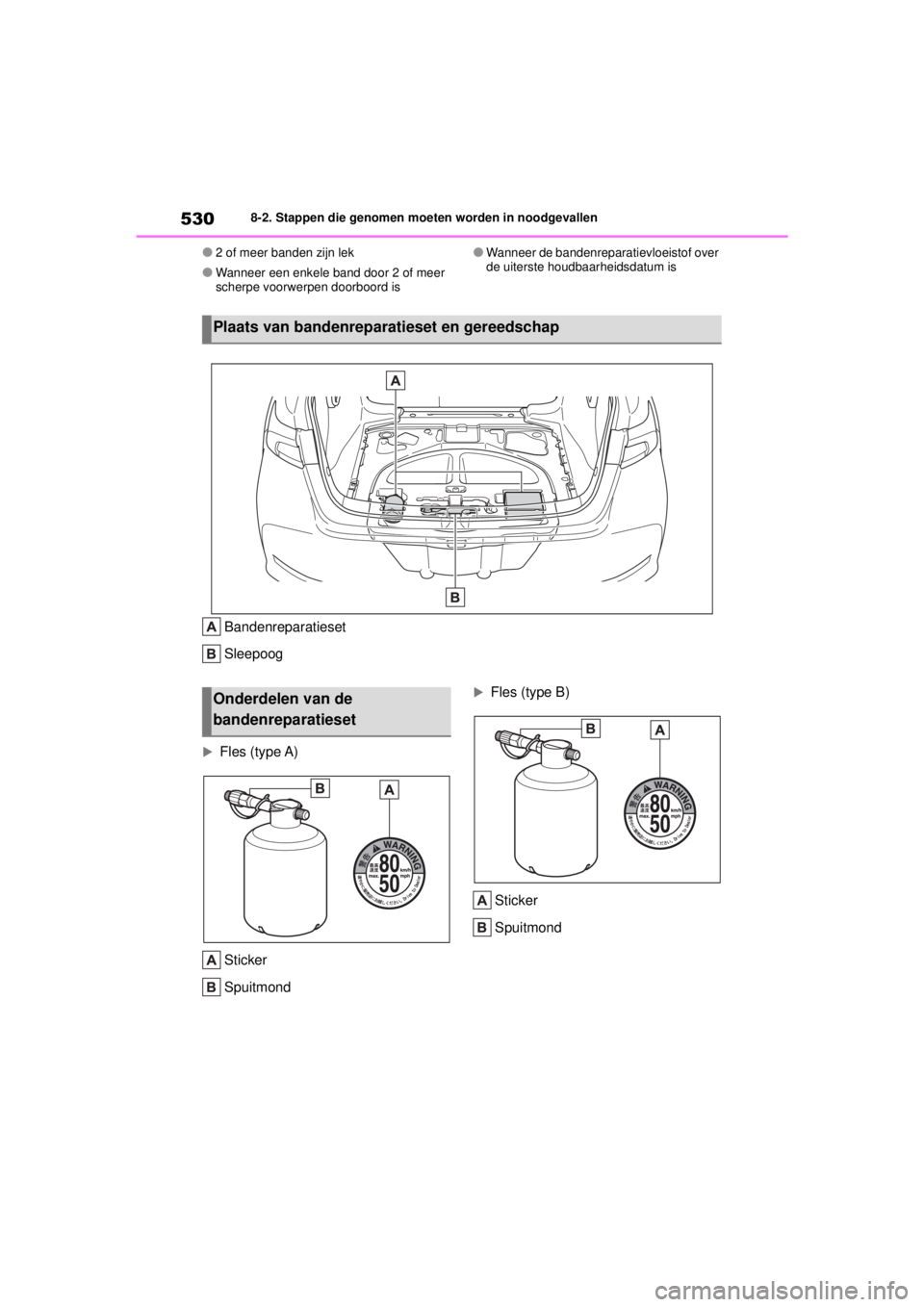 TOYOTA COROLLA HYBRID 2021  Instructieboekje (in Dutch) 5308-2. Stappen die genomen moeten worden in noodgevallen
COROLLA HV_TMMT_EE
●2 of meer banden zijn lek
●Wanneer een enkele band door 2 of meer 
scherpe voorwerpen doorboord is
●Wanneer de bande