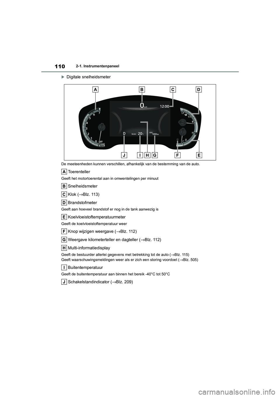 TOYOTA COROLLA HYBRID 2020  Instructieboekje (in Dutch) 110
COROLLA HV_TMMT_EE2-1. Instrumentenpaneel

Digitale snelheidsmeter
De meeteenheden kunnen verschillen, afhankelijk van de bestemmi ng van de auto.
Toerenteller
Geeft het motortoerental aan in o