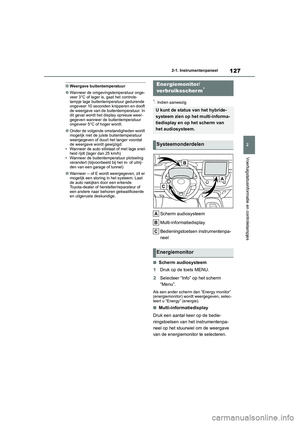 TOYOTA COROLLA HYBRID 2020 Instructieboekje (in Dutch) 127
2
COROLLA HV_TMMT_EE 2-1. Instrumentenpaneel
Voertuigstatusinformatie en controlelampjes
■Weergave buitentemperatuur
●Wanneer de omgevingstemperatuur onge-
veer 3°C of lager is, gaat het cont TOYOTA COROLLA HYBRID 2020 Instructieboekje (in Dutch) 127
2
COROLLA HV_TMMT_EE 2-1. Instrumentenpaneel
Voertuigstatusinformatie en controlelampjes
■Weergave buitentemperatuur
●Wanneer de omgevingstemperatuur onge-
veer 3°C of lager is, gaat het cont