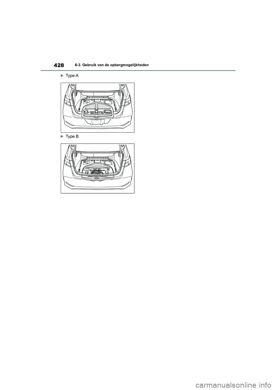 TOYOTA COROLLA HYBRID 2020  Instructieboekje (in Dutch) 428
COROLLA HV_TMMT_EE6-3. Gebruik van de opbergmogelijkheden

Type A
Type B
COROLLA-HYBRID(TMMT)_OM_Europe_OM12N58E_1_1912.book  Page 428   Thursday, October 3, 2019  10:56 AM 