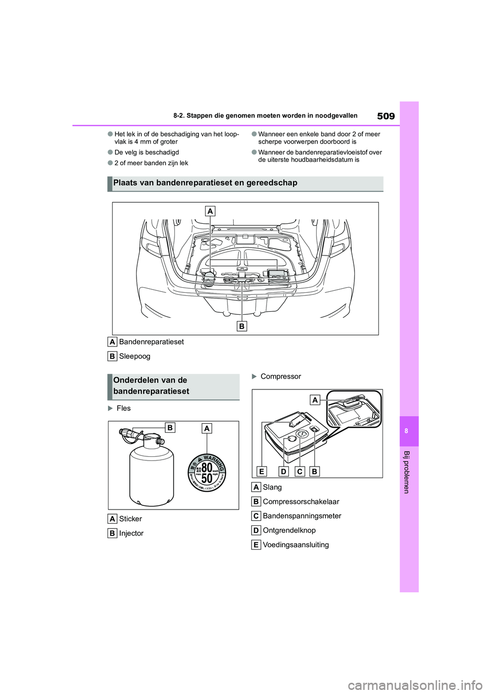 TOYOTA COROLLA HYBRID 2020  Instructieboekje (in Dutch) 509
8
COROLLA HV_TMMT_EE 8-2. Stappen die genomen moeten worden in noodgevallen
Bij problemen
●Het lek in of de beschadiging van het loop-
vlak is 4 mm of groter
●De velg is beschadigd
●2 of mee
