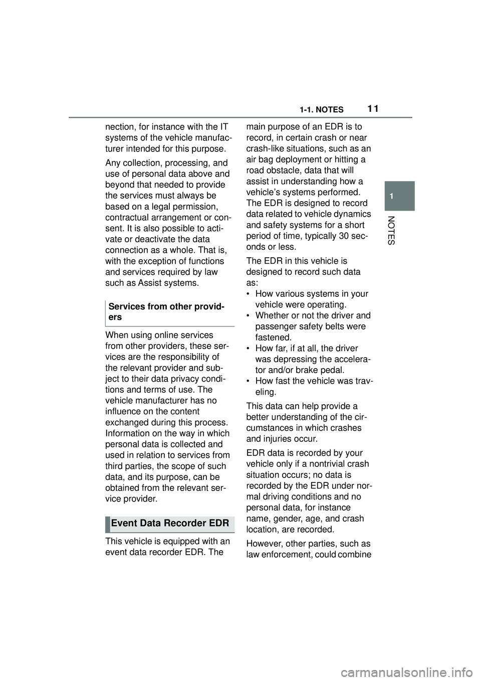 TOYOTA GR SUPRA 2022 Owners Manual 111-1. NOTES
1
NOTES
nection, for instance with the IT
systems of the vehicle manufac-
turer intended for this purpose.
Any collection, processing, and
use of personal data above and
beyond that ne TOYOTA GR SUPRA 2022 Owners Manual 111-1. NOTES
1
NOTES
nection, for instance with the IT
systems of the vehicle manufac-
turer intended for this purpose.
Any collection, processing, and
use of personal data above and
beyond that ne