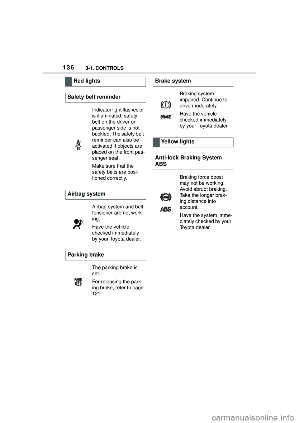 TOYOTA GR SUPRA 2022  Owners Manual 1363-1. CONTROLS
Red lights
Safety belt reminder
Indicator light flashes or 
is illuminated: safety 
belt on the driver or 
passenger side is not 
buckled. The safety belt 
reminder can also be 
activ