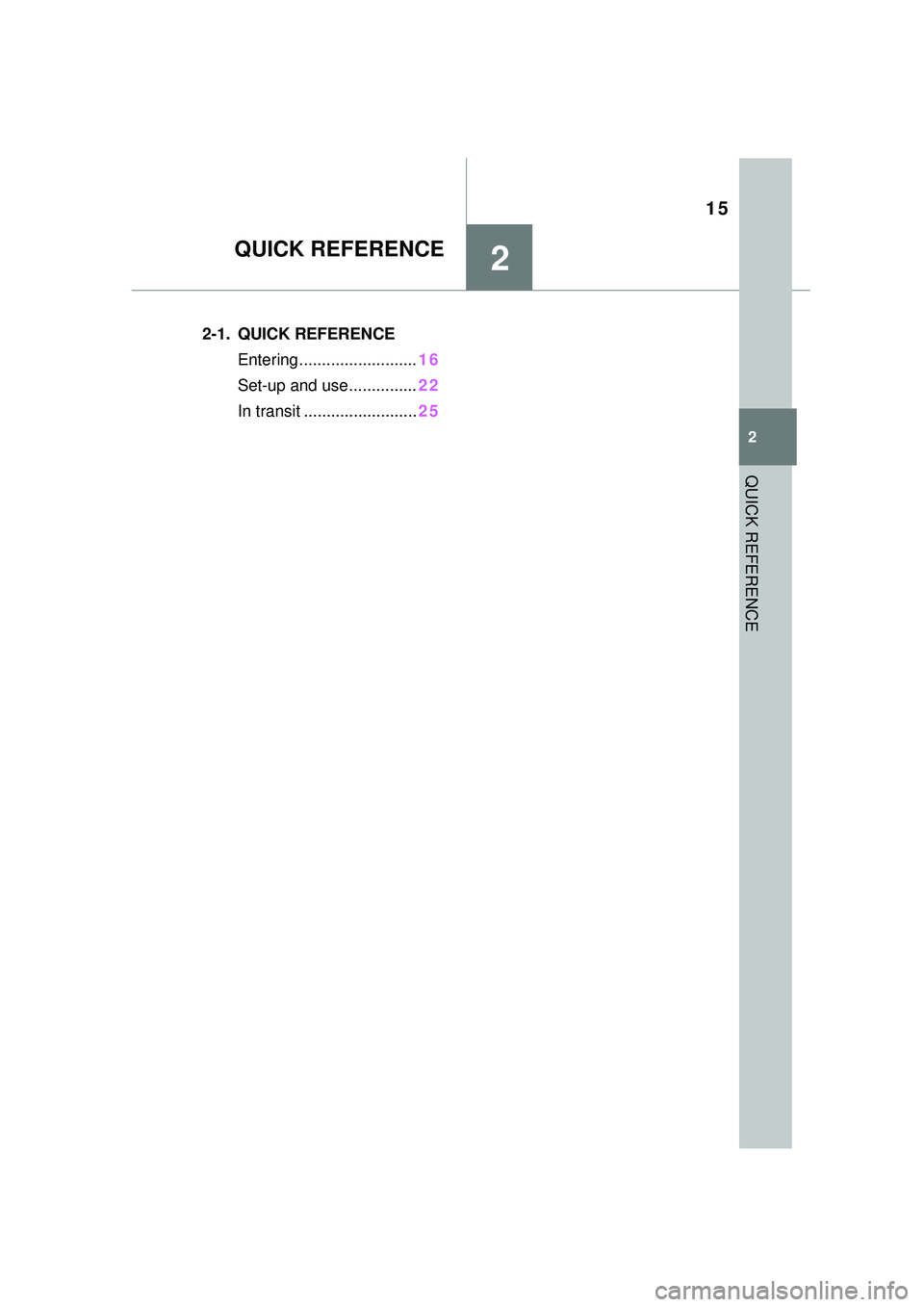 TOYOTA GR SUPRA 2022  Owners Manual 15
2
2
QUICK REFERENCE
QUICK REFERENCE
.2-1. QUICK REFERENCEEntering.......................... 16
Set-up and use ...............22
In transit ......................... 25 