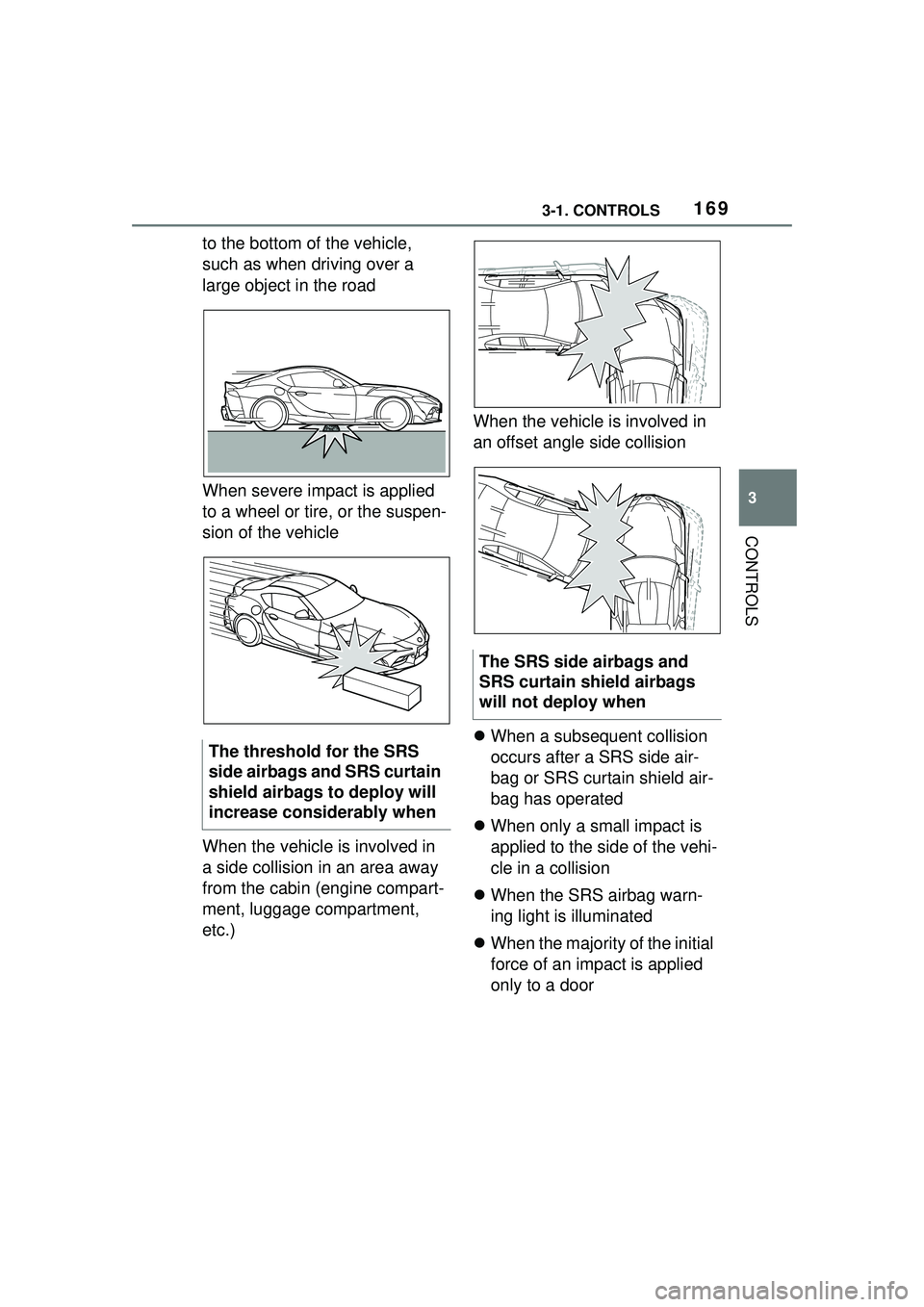 TOYOTA GR SUPRA 2022  Owners Manual 1693-1. CONTROLS
3
CONTROLS
to the bottom of the vehicle, 
such as when driving over a 
large object in the road
When severe impact is applied 
to a wheel or tire, or the suspen-
sion of the vehicle
W