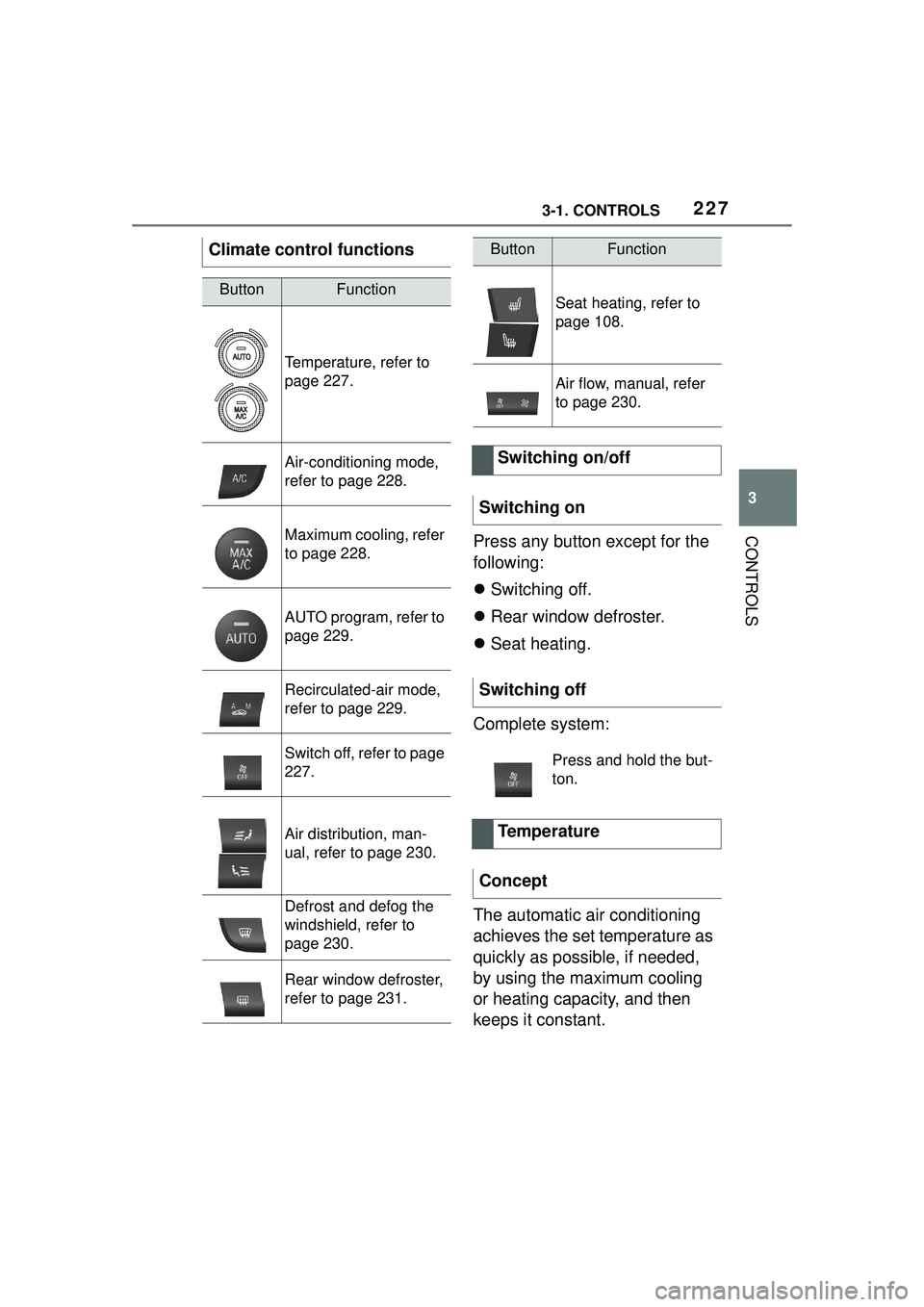 TOYOTA GR SUPRA 2022  Owners Manual 2273-1. CONTROLS
3
CONTROLSPress any button except for the 
following:
Switching off.
 Rear window defroster.
 Seat heating.
Complete system:
The automatic air conditioning 
achieves the set 