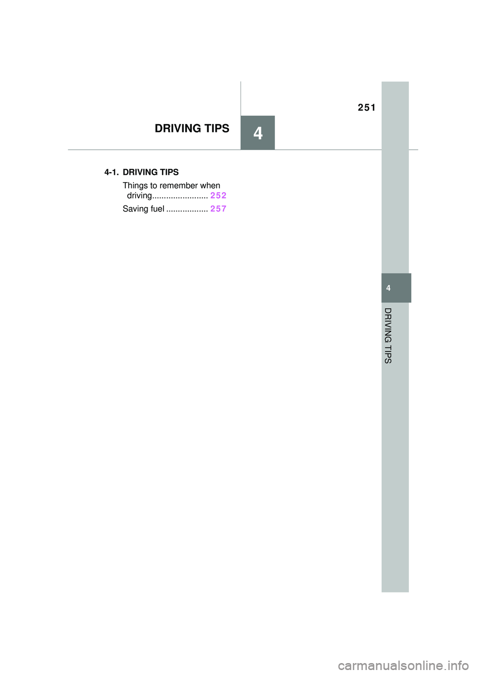 TOYOTA GR SUPRA 2022  Owners Manual 251
4
4
DRIVING TIPS
DRIVING TIPS
.4-1. DRIVING TIPSThings to remember when driving........................ 252
Saving fuel .................. 257 