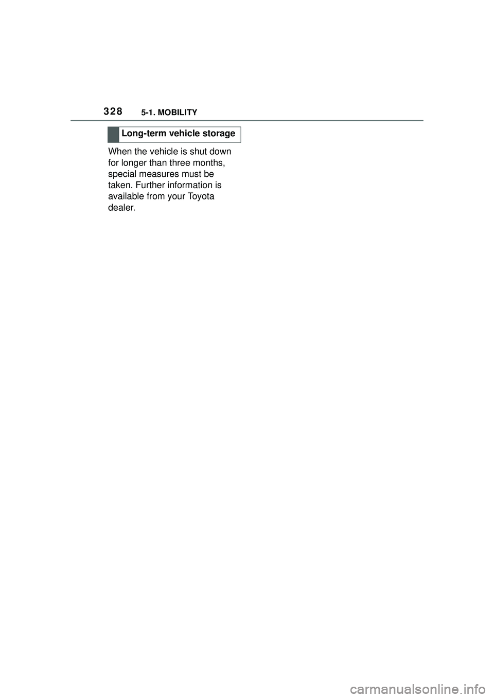 TOYOTA GR SUPRA 2022  Owners Manual 3285-1. MOBILITY
When the vehicle is shut down 
for longer than three months, 
special measures must be 
taken. Further information is 
available from your Toyota 
dealer.Long-term vehicle storage 