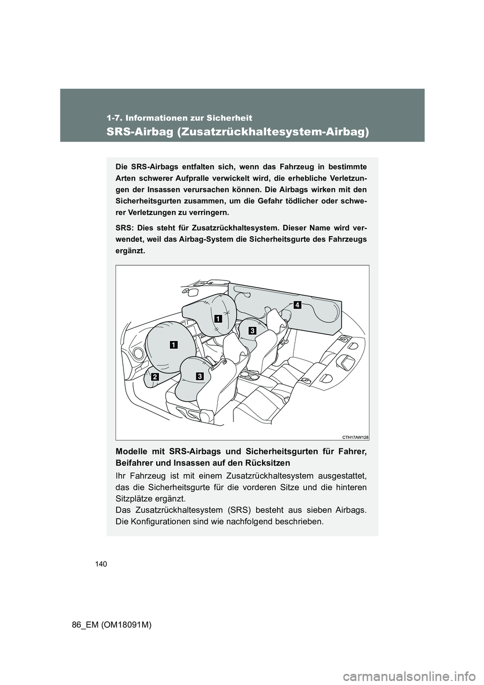 TOYOTA GT86 2018  Betriebsanleitungen (in German) 140
1-7. Informationen zur Sicherheit
86_EM (OM18091M)
SRS-Airbag (Zusatzrückhaltesystem-Airbag)
Die SRS-Airbags entfalten sich, wenn das Fahrzeug in bestimmte 
Arten schwerer Aufpralle verwickelt wi