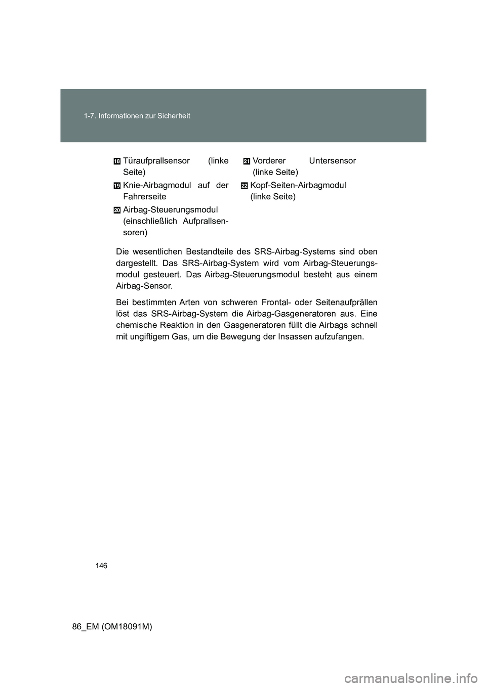 TOYOTA GT86 2018  Betriebsanleitungen (in German) 146 
1-7. Informationen zur Sicherheit
86_EM (OM18091M) 
Die wesentlichen Bestandteile des SRS-Airbag-Systems sind oben 
dargestellt. Das SRS-Airbag-System wird vom Airbag-Steuerungs-
modul gesteuert.