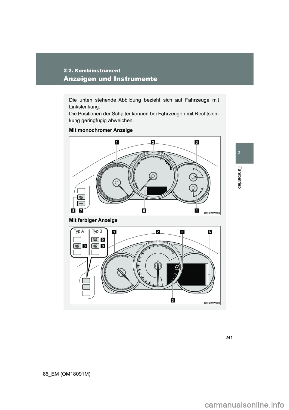 TOYOTA GT86 2018  Betriebsanleitungen (in German) 241
2
Fahrbetrieb
86_EM (OM18091M)
2-2. Kombiinstrument
Anzeigen und Instrumente
Die unten stehende Abbildung bezieht sich auf Fahrzeuge mit 
Linkslenkung.  
Die Positionen der Schalter können bei Fa