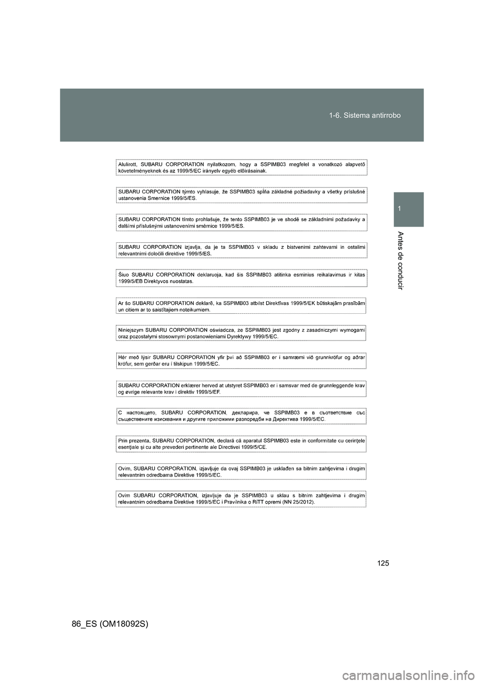 TOYOTA GT86 2018  Manual del propietario (in Spanish) 125 
1-6. Sistema antirrobo
1
Antes de conducir
86_ES (OM18092S) 
