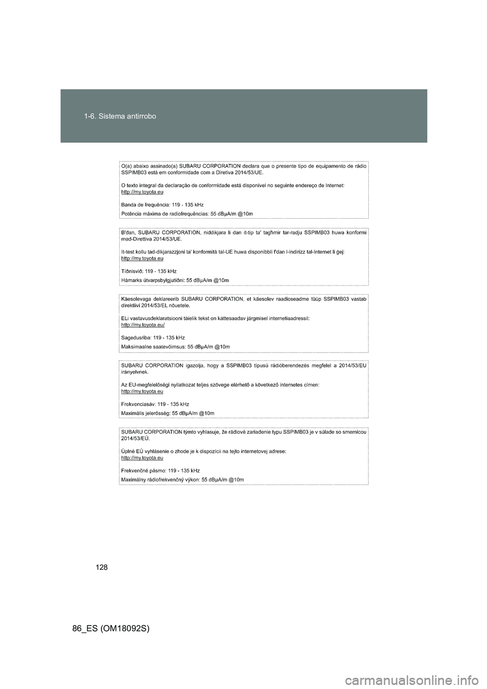 TOYOTA GT86 2018  Manual del propietario (in Spanish) 128 
1-6. Sistema antirrobo
86_ES (OM18092S) 