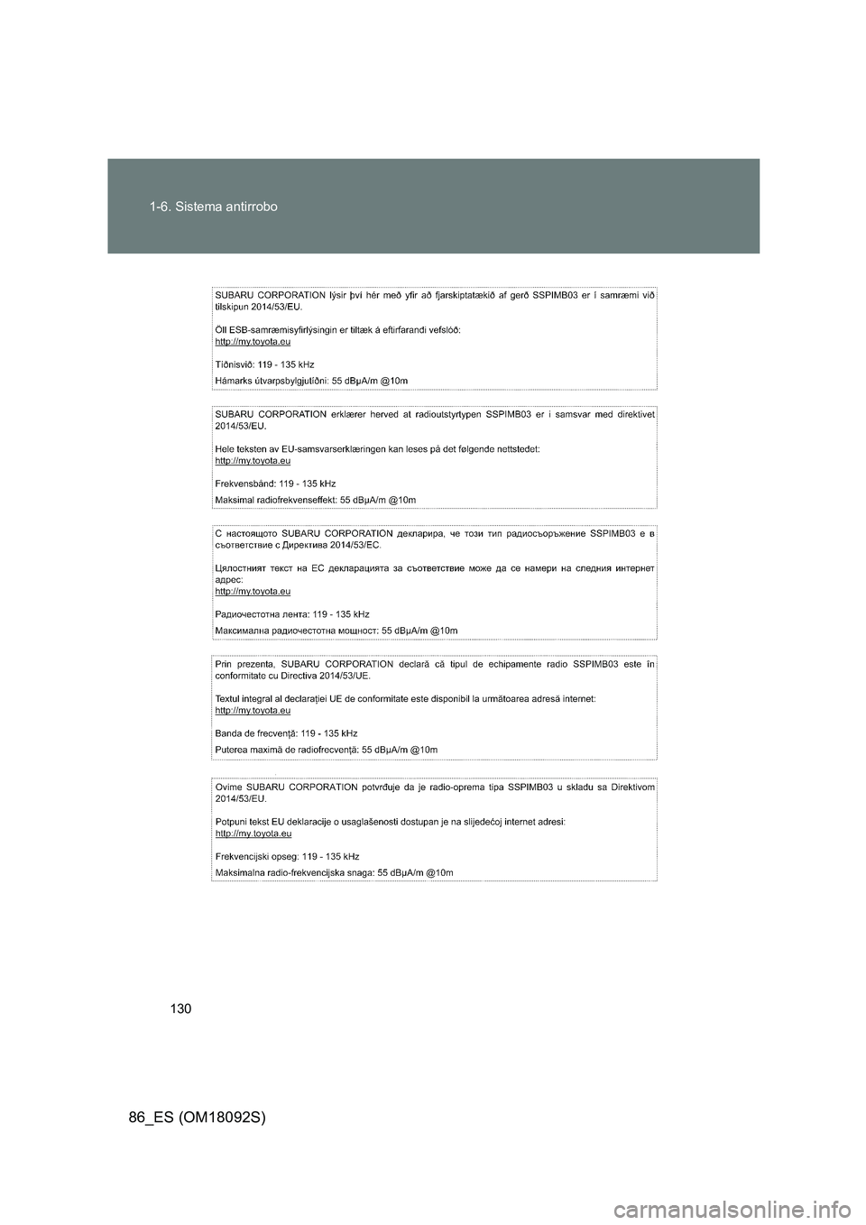 TOYOTA GT86 2018  Manual del propietario (in Spanish) 130 
1-6. Sistema antirrobo
86_ES (OM18092S) 