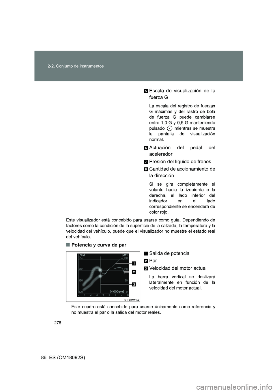 TOYOTA GT86 2018 Manual del propietario (in Spanish) 276
2-2. Conjunto de instrumentos
86_ES (OM18092S)
Escala de visualización de la
fuerza G
La escala del registro de fuerzas
G máximas y del rastro de bola
de fuerza G puede cambiarse
entre 1,0 G TOYOTA GT86 2018 Manual del propietario (in Spanish) 276
2-2. Conjunto de instrumentos
86_ES (OM18092S)
Escala de visualización de la
fuerza G
La escala del registro de fuerzas
G máximas y del rastro de bola
de fuerza G puede cambiarse
entre 1,0 G