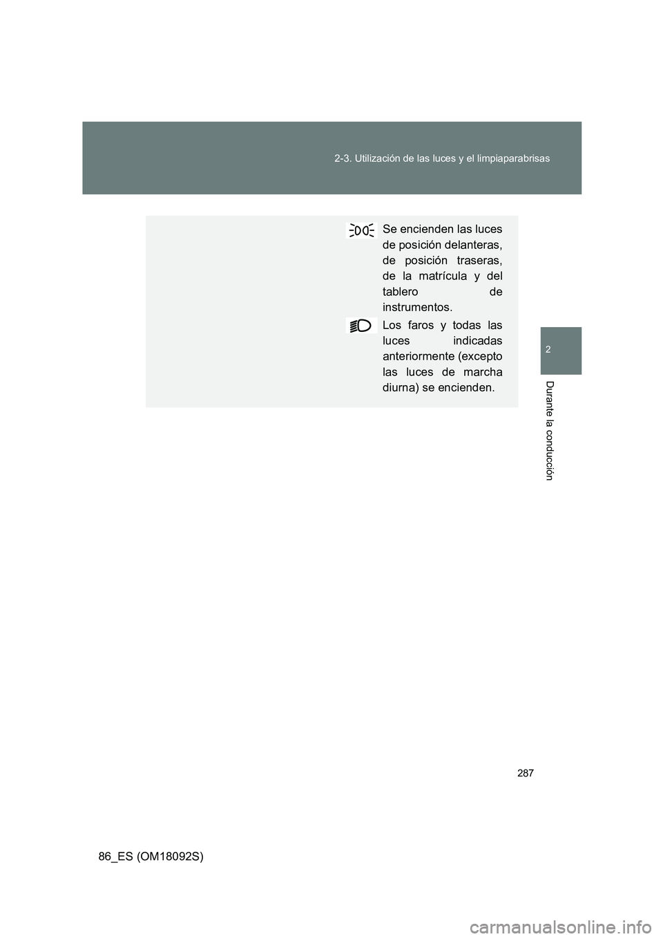 TOYOTA GT86 2018  Manual del propietario (in Spanish) 287 
2-3. Utilización de las luces y el limpiaparabrisas
2
Durante la conducción
86_ES (OM18092S)
Se encienden las luces 
de posición delanteras, 
de posición traseras, 
de la matrícula y del
tab