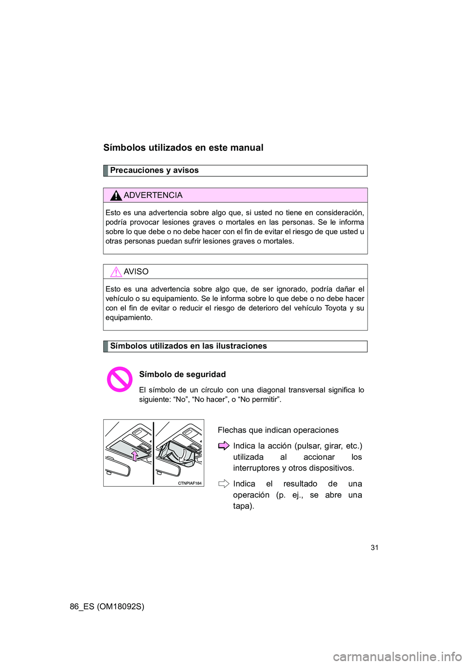 TOYOTA GT86 2018  Manual del propietario (in Spanish) 86_ES (OM18092S)
31
Símbolos utilizados en este manual
Precauciones y avisos 
Símbolos utilizados en las ilustraciones
ADVERTENCIA
Esto es una advertencia sobre algo que, si usted no tiene en consid