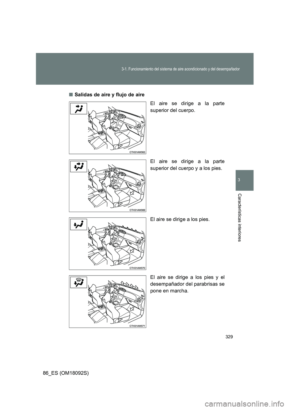 TOYOTA GT86 2018  Manual del propietario (in Spanish) 329
3-1. Funcionamiento del sistema de aire acondicionado y del desempañador
3
Características interiores
86_ES (OM18092S) 
■ Salidas de aire y flujo de aire 
El aire se dirige a la parte 
superio