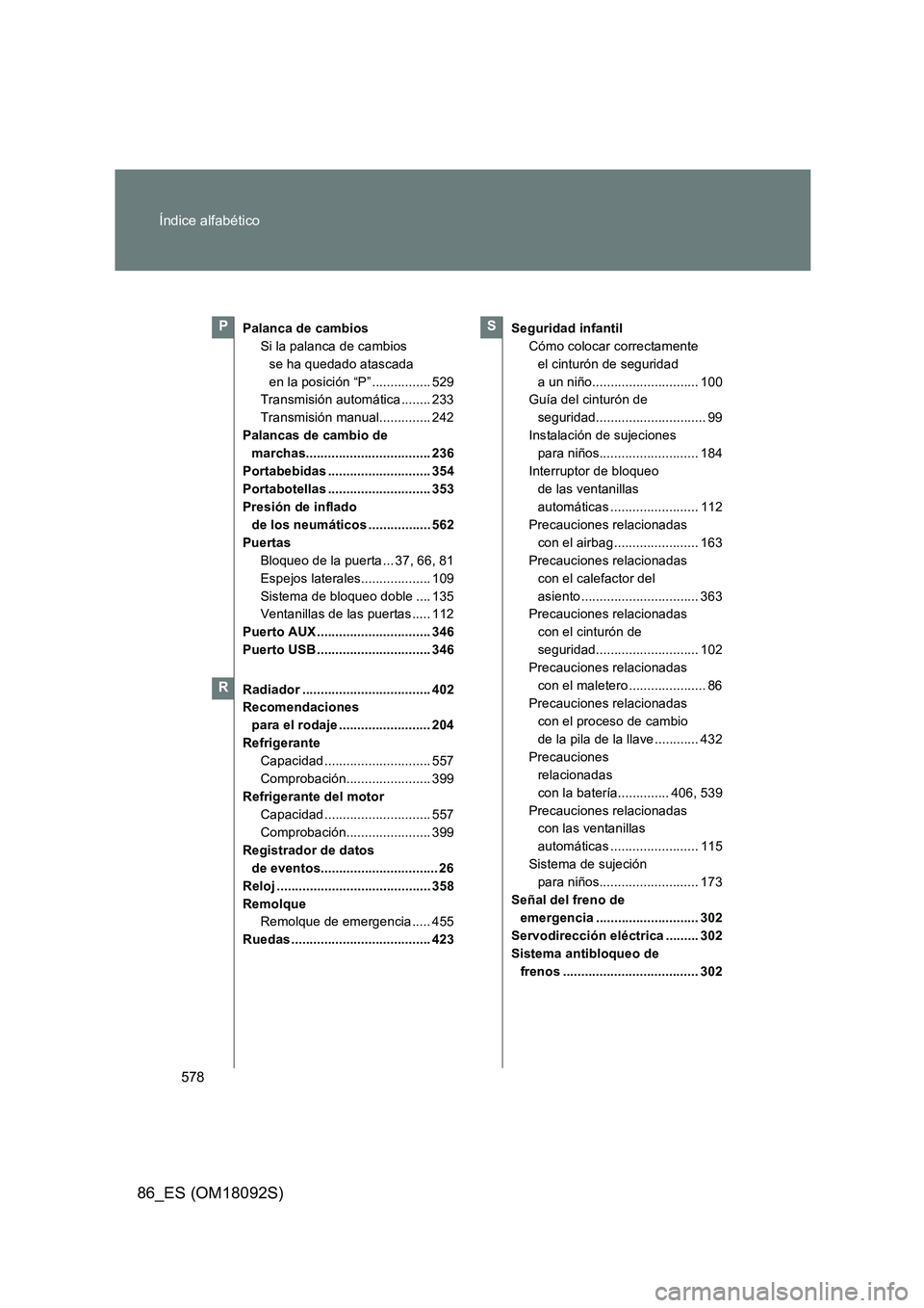 TOYOTA GT86 2018 Manual del propietario (in Spanish) 578
Índice alfabético
86_ES (OM18092S)
Palanca de cambios
Si la palanca de cambios
se ha quedado atascada
en la posición “P” ................ 529
Transmisión automática ........ 233
Tra TOYOTA GT86 2018 Manual del propietario (in Spanish) 578
Índice alfabético
86_ES (OM18092S)
Palanca de cambios
Si la palanca de cambios
se ha quedado atascada
en la posición “P” ................ 529
Transmisión automática ........ 233
Tra