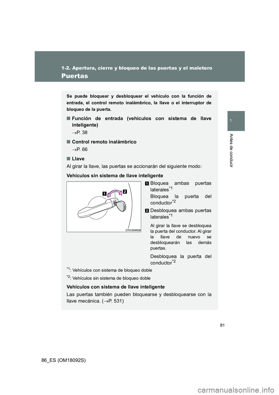 TOYOTA GT86 2018  Manual del propietario (in Spanish) 81
1
1-2. Apertura, cierre y bloqueo de las puertas y el maletero
Antes de conducir
86_ES (OM18092S)
Puertas
Se puede bloquear y desbloquear el vehículo con la función de 
entrada, el control remoto