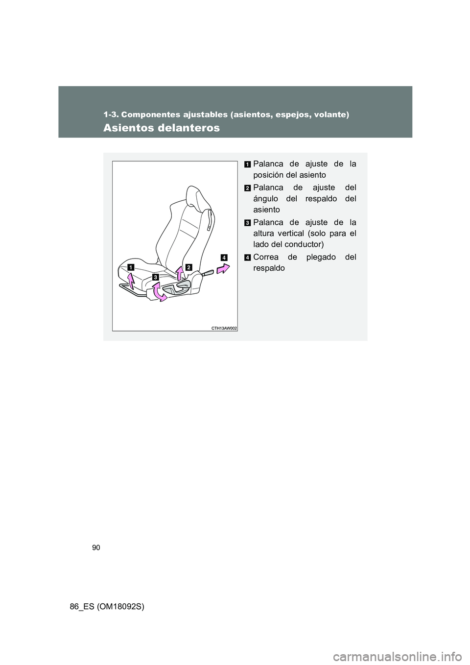 TOYOTA GT86 2018  Manual del propietario (in Spanish) 90
86_ES (OM18092S)
1-3. Componentes ajustables (asientos, espejos, volante)
Asientos delanteros
Palanca de ajuste de la 
posición del asiento 
Palanca de ajuste del 
ángulo del respaldo del
asiento
