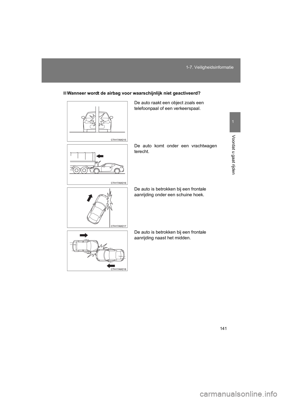 TOYOTA GT86 2018  Instructieboekje (in Dutch) 141
1-7. Veiligheidsinformatie
1
Voordat u gaat rijden
86_EE (OM18089E)
■
Wanneer wordt de airbag voor waarschijnlijk niet geactiveerd?
De auto raakt een object zoals een 
telefoonpaal of een verkee
