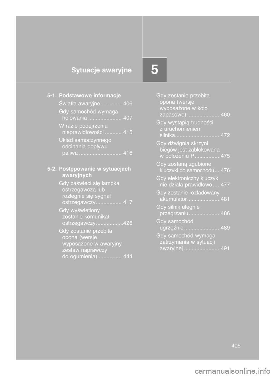 TOYOTA GT86 2018 Instrukcja obsługi (in Polish) Sytuacje awaryjne5
5-1. Podstawowe informacje
Âwiat∏a awaryjne.............. 406
Gdy samochód wymaga
holowania ...................... 407
W razie podejrzenia
nieprawid∏owoÊci ........... 415
U TOYOTA GT86 2018 Instrukcja obsługi (in Polish) Sytuacje awaryjne5
5-1. Podstawowe informacje
Âwiat∏a awaryjne.............. 406
Gdy samochód wymaga
holowania ...................... 407
W razie podejrzenia
nieprawid∏owoÊci ........... 415
U
